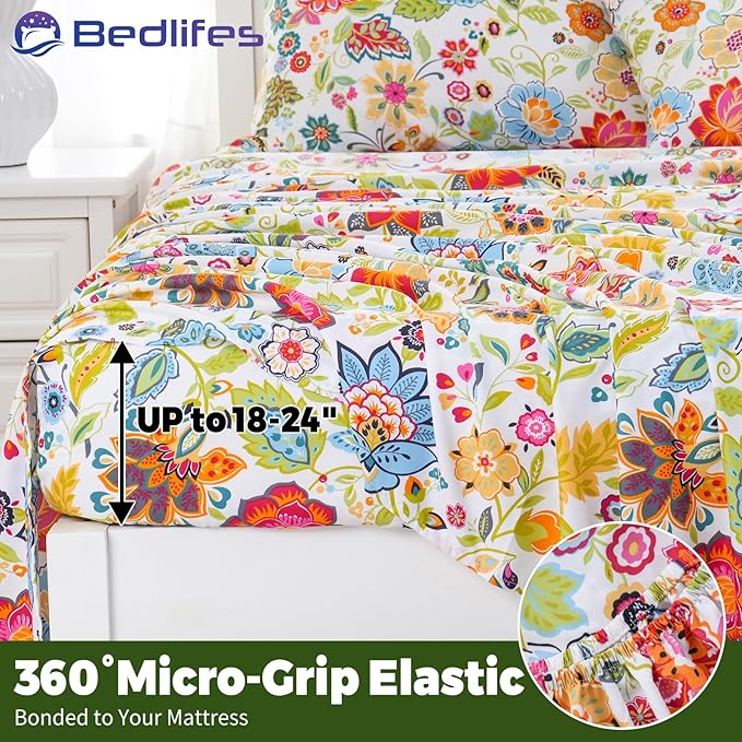 Bedlifes Extra Deep Pocket 18-24" Queen 4-Piece Sheet Set - Cooling Sheets Blend Rayon Derived from Bamboo Soft & Breathable Floral Spring Design