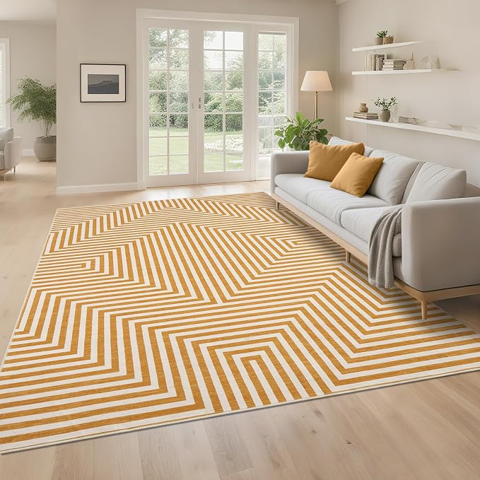 Washable Modern Lines Rug 9x12 Area Rug for Living Room Neutral Modern Geometric Rugs Low Pile Soft Bedroom Carpet Thin Foldable Abstract Floor Carpet for Dining Kids Room Playroom, Orange Yellow