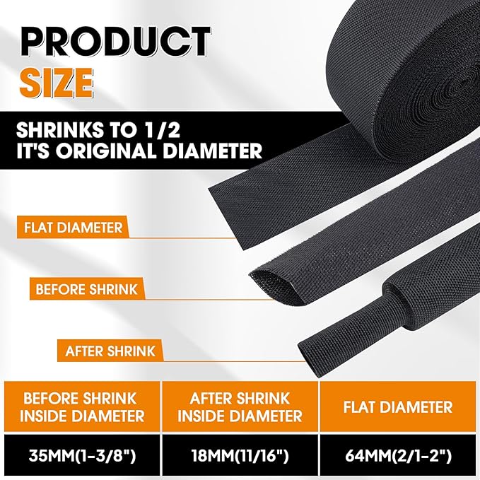 SUNNAREPOON Black 2:1 Ratio Automotive Heat Shrink Braided Sleeving,Wear-Resistant Flat Woven Shrinkable Sleeve Fabric Car Cable Wires Hoses Protection (1-3/8"-66ft)