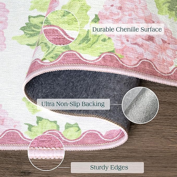 Front Door Mat Indoor Entrance - 2x4.3 Ft Spring Washable Layered Doormat Outdoor Entrance Porch Rug Non-Slip Pink White Floral Scalloped Runner Rug for Kitchen Bedroom Mudroom Porch Decor