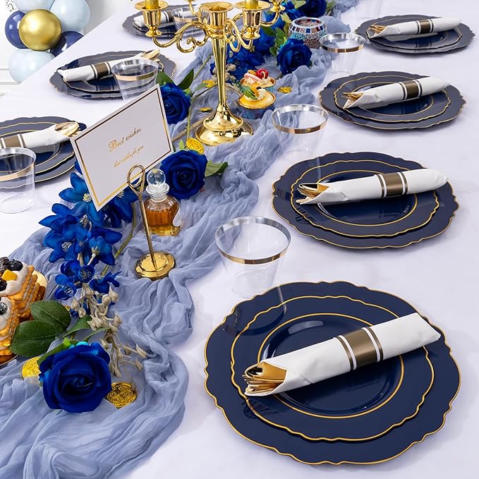 Liacere 350PCS Navy Blue Plastic Plates-Disposable Blue Gold Plates 50guest Plastic Dinnerware include 100Plates,50Pack Pre Rolled Napkins with Silverware 50Cups for Christmas ＆ Hanukkah