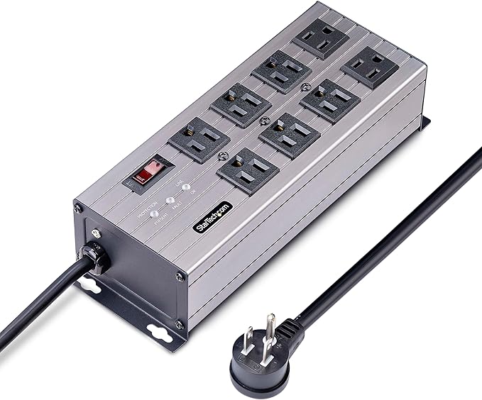 StarTech.com Flat Plug 8-Outlet Heavy Duty Industrial Power Strip 125V/15A with Surge Protector, EMI/RFI Isolation, Mountable PDU, 12ft/3.6m Extension Power Cord, NEMA 5-15P/R, TAA
