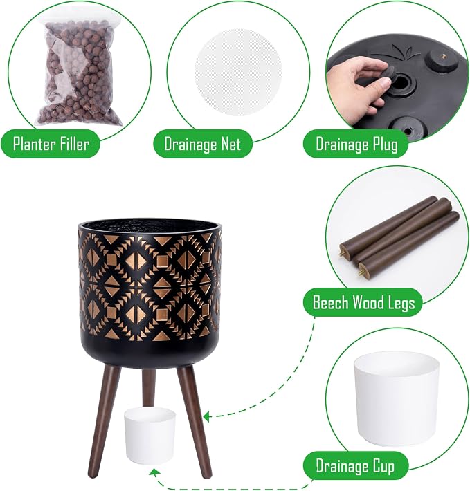D'vine Dev 12 Inch Planter Pot with Stand, Mid-Century Tall Plant Pot with Legs for Indoor Plants, Bronze/Black, 88-G-C-6