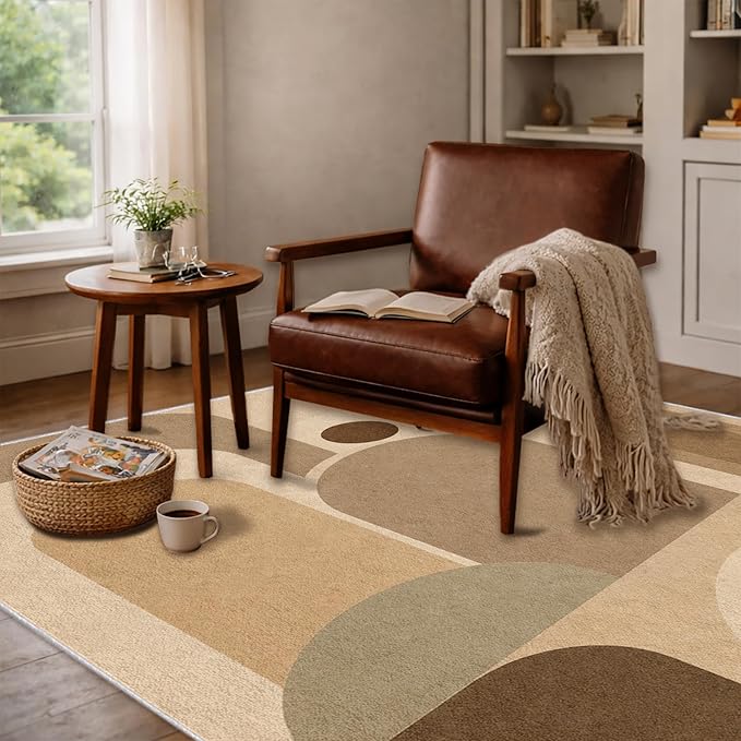 Neutral Geometric Area Rug 5x7, Mid Century Modern Abstract Rug, Soft Taupe Beige Color Block Washable Low Pile Non Slip Rug for Living Room Bedroom