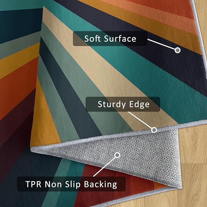 Retro Sunburst Rugs 6x8, 70s Colorful Abstract Washable 6 x 8 Area Rug for Living Room, Bedroom, Low Pile Non Slip Stain Resistant Carpet, Retro 70s Home Decor Accessories & M878
