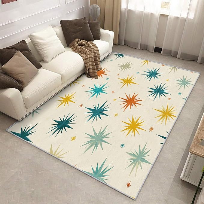 Mid Century Modern Rugs for Living Room Decor, 6x8 ft, Retro Starburst Atomic Area Rugs for Bedroom, Soft Non Slip Washable Geometric Sunburst Carpet Home Decorations D-g48