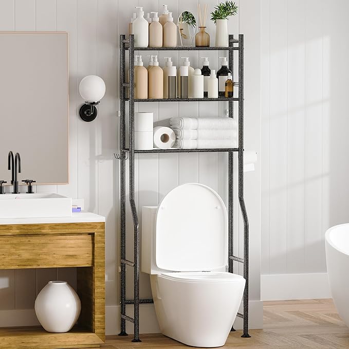 3-Tier Over Toilet Storage with Anti-Tilt Safety System - 150lb Total Capacity Metal Bathroom Shelves Including Paper Holder & 4 Hooks, Space Saving Above Commode Organizer (64" H, Snow Black)
