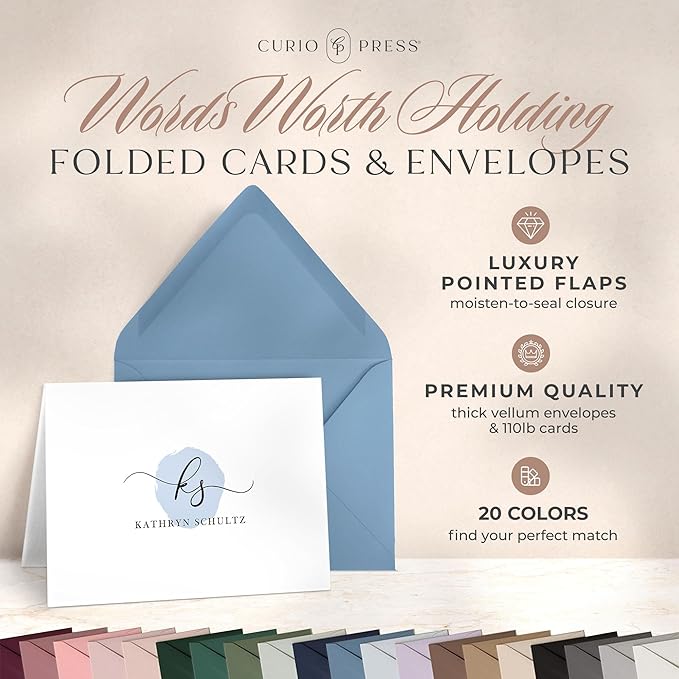 Curio Press Personalized Stationery for Women & Men - A2 Folded Note Cards with Monogram and Name, Fold Over Monogrammed Stationery Thank You Cards with Custom Notecards - Delicate Mono Fold