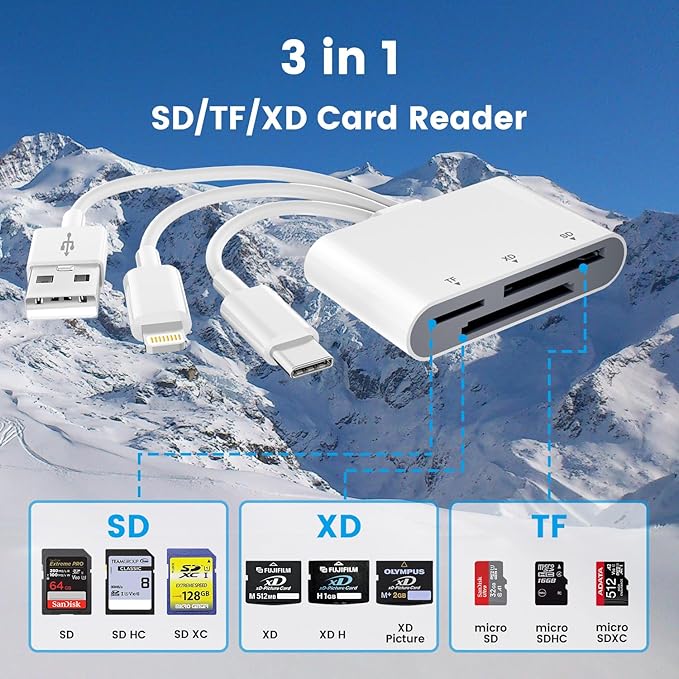 XD Card Reader for iPhone, 3in3 SD/TF/XD Picture Card Adapter to Lightning/USBC/USB A, x-D Picture Cards Reader for iPhone 17/16/15/14/Pad/PC/Android Support SD/TF/X-D Fujifilm Olympus 128G 256G 2TB