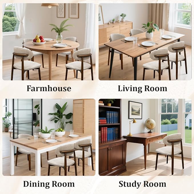Farmhouse Dining Chairs Set of 4, Mid Century Modern Fabric Upholstered Kitchen Chairs, Wooden Dining Room Chair with Curved Back for Kitchen Dining Room Restaurant Cafe, Warm Gray (Only Chairs)