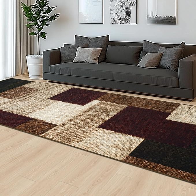 Modern Geometric Patchwork Indoor Runner Rug for Living Room, Red 2.7'x 10' Rug Rockwood Collection Hardwood Floors Decor for Bedroom, Burgundy Throw Carpet for Office Entryway Dining Room