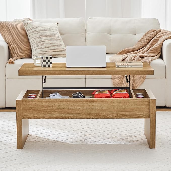 Small Lift Top Coffee Table, Wood Rectangle Coffee Table with Lifting Top and Hidden Storage Compartment, Mid Century Modern Center Tables for Small Space, Living Room, Office (Natural)
