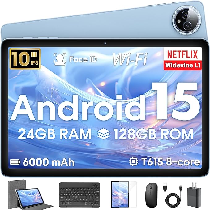 Android 15 Tablet 10 inch,24GB RAM 128 ROM,Tablets with Keyboard Case Mouse Stylus,1TB Expandable,Octa-Core 6000mAh 1280x800 IPS HD,5G WiFi,T615 CPU,High Performance,Processor,Dual Camera(Blue)