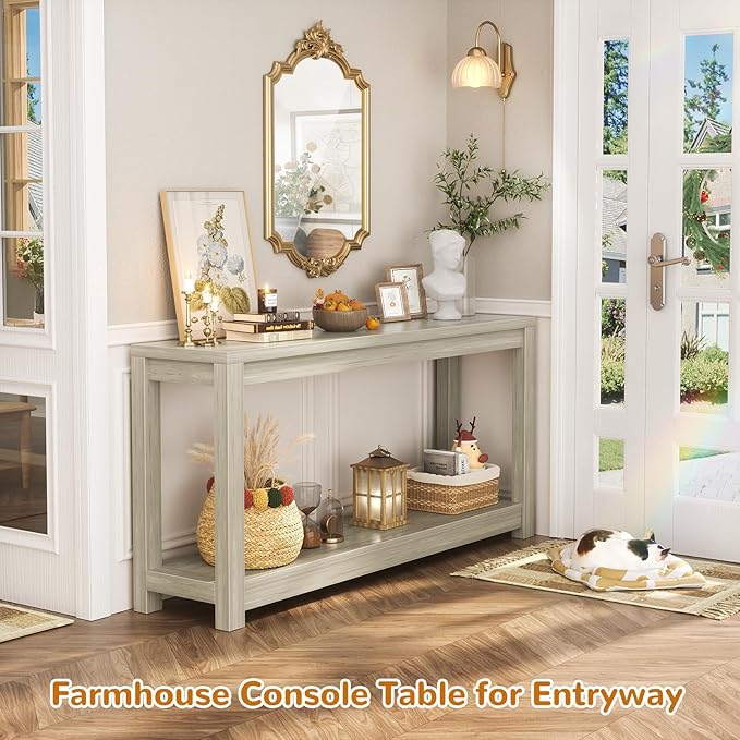 47" Farmhouse Wood Entryway Table Narrow Console Table with Storage Behind Couch Sofa Table with Shelves Entry Way Table with Open Storage, Easy Assembly, Classical Washed Oak