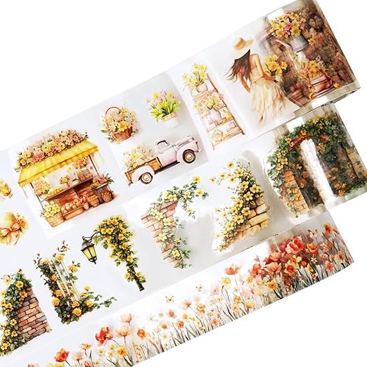 AuriicLeaf Floral Sea PET Tape Set, 3 Rolls Pre-Cut Botanical Stickers for Scrapbooking, Journaling, DIY Crafts, and Collage Art (30 mm/50 mm/55 mm)