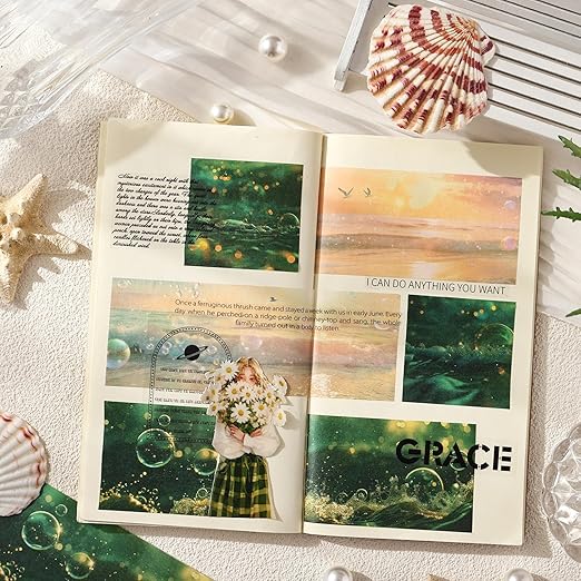 AuriicLeaf Ocean Fantasy Washi Tape Set – 6 Rolls with Dreamy Sunset, Wave and Bubble Patterns for Scrapbook, Journal, DIY Cards, with Mini Clip