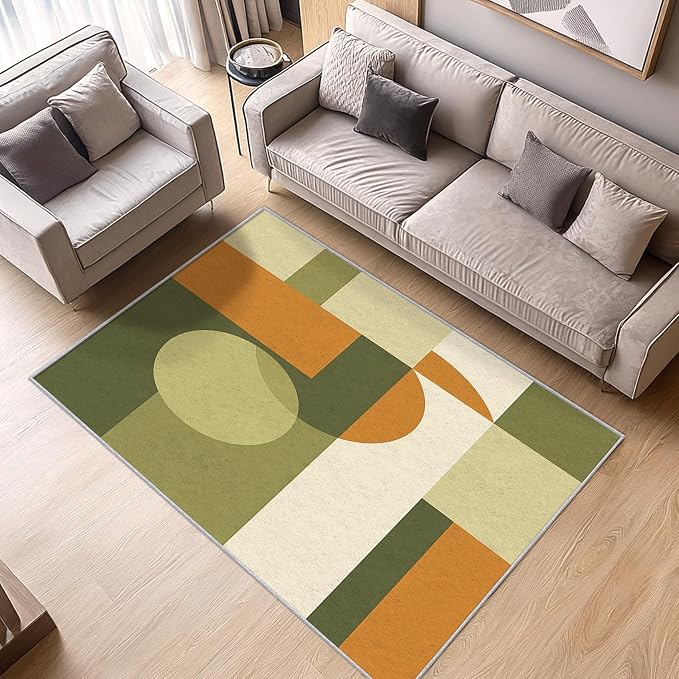 Mid Century Rug 8x10, Washable Modern Geometric Rugs for Living Room Bedroom, Minimalist Area Rug for Home Decor, Non Slip Backing Floor Carpet with Gripper - 8 x 10 ft
