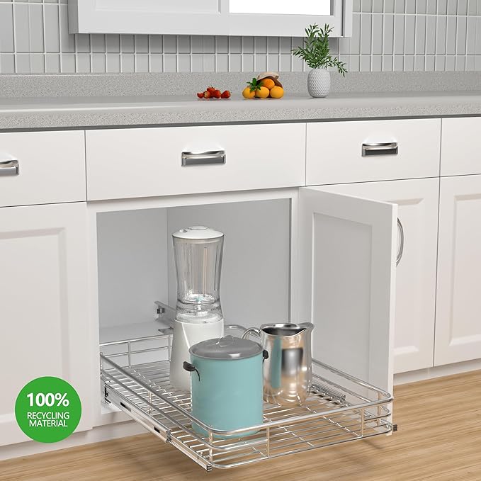 JOWBOOW Pull Out Cabinet Organizer (22" W x 21" D), Slide Out Shelves for Kitchen Cabinets, Pull Out Drawers Heavy-Duty Metal Rolling Shelf, Chrome Finish