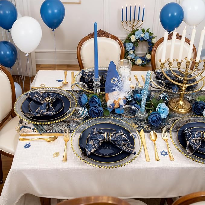 WDF 150pcs Blue plastic Plates - Navy Blue Plates Disposable - 25guest Disposable Dinnerware Sets for Hanukkah/Party/Wedding/Birthday