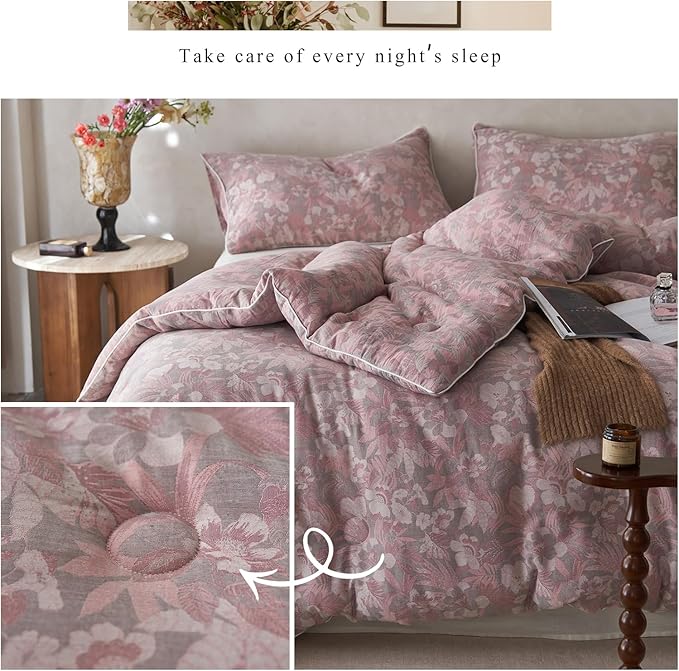 HighBuy Pink Floral Comforter Set Queen Boho Chic Muslin Cotton Bedding Comforter Sets Lightweight Soft & Warm Bed Comforter Queen with 2 Pillowcases for All Season