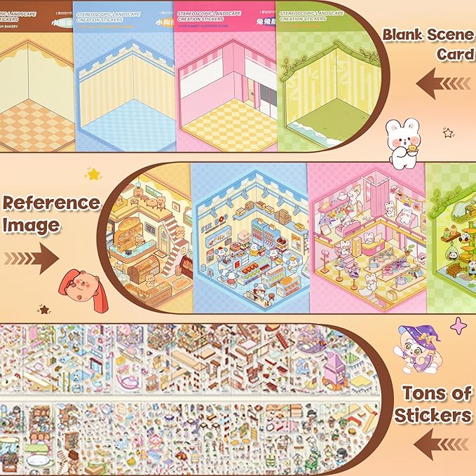 ASTARON 20 Sets DIY 3D Sticker Scene Book Sticker Therapy for Adults, Make Your Own Mini Cozy Shop House Room Stickers Cute Cartoon Miniature Stickers for Girls, Relief Stress Pass The Time