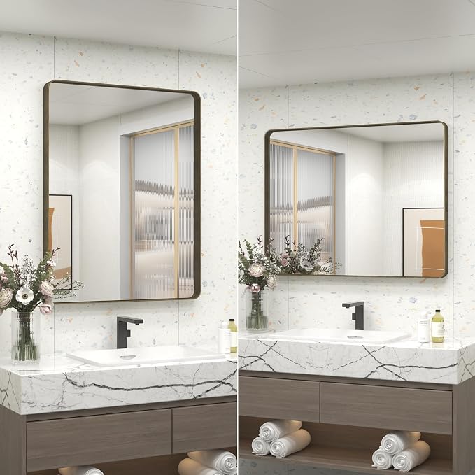 24x30 Bronze Bathroom Mirror, Brushed Metal Bathroom Vanity Mirrors for Wall, Rounded Corner Bronze Rectangle Mirror for Farmhouse, Bedroom, Anti-Rust (Horizontal/Vertical)