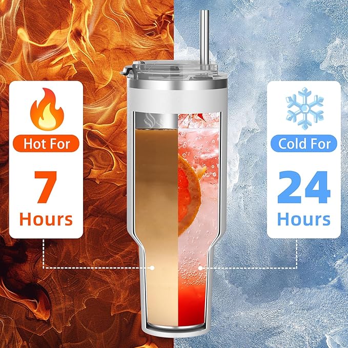 40 oz tumbler with handle and straw,Double Wall Vacuum Reusable Stainless Steel Insulated Water Bottle,With Leak Proof lid and Straw for Iced or Cold Beverages (White)