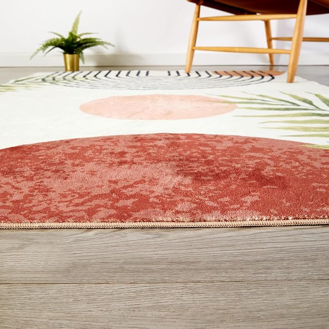 RoomTalks Mid Century Modern Washable Rug, Boho Cute Aesthetic 6x9 Area Rugs for Bedroom Dining Living Room Kitchen, Abstract Tropical Leaves Non Slip Thin Indoor Entryway Rug Accent Floor Carpet