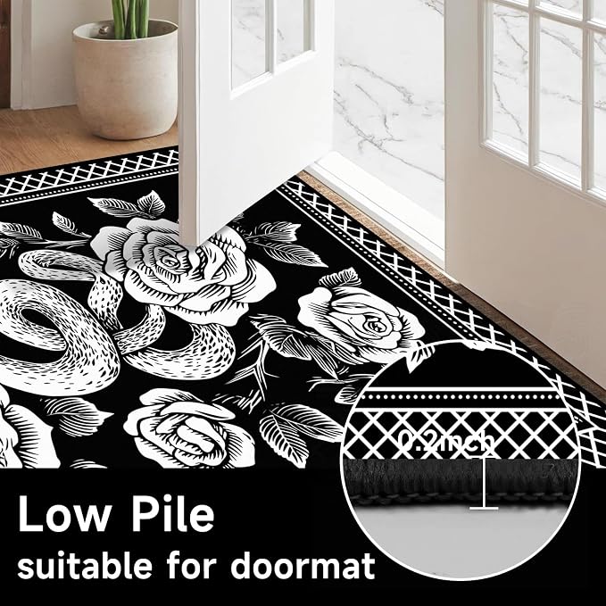 3'x5' Gothic Snake and Rose Area Rug Black and White Floral Vine Floor Mat Retro Boho Carpet Washable Low Pile Indoor Rugs for Entryway Bedroom Living Room Kitchen Home Decor