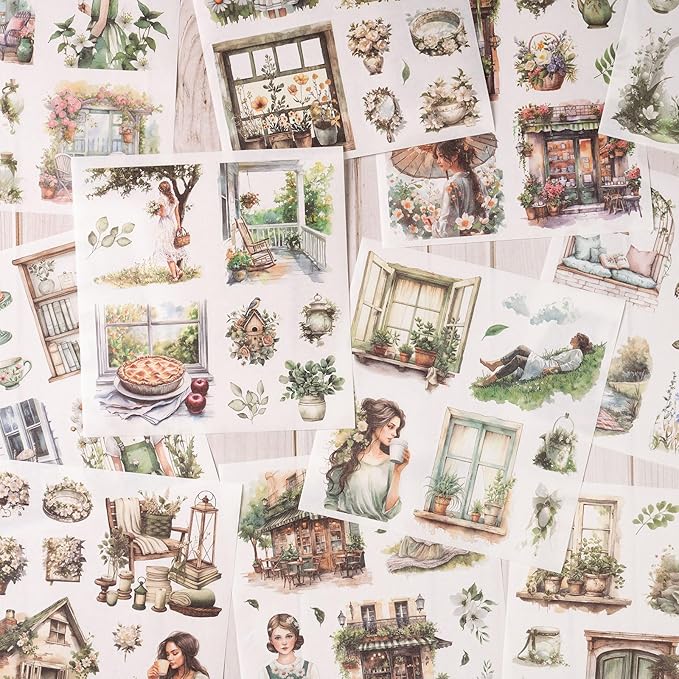 YagCu Garden Journal Stickers, 50 Sheets Washi Junk Journaling Sticker Book, Scrapbook Supplies, Watercolor Scrapbooking for Adults, Green Decorative Ephemera Arts Craft