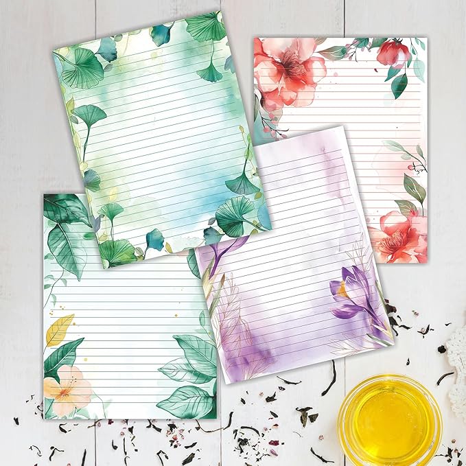 PARTH IMPEX 56 Sheets Watercolor Floral Lined Writing Paper 8.5x11 - Letter Size Ruled Stationery Letterhead Printer Paper - 120gsm Thick Decorative scrapbooking Colored Antique Aged Flowers Design