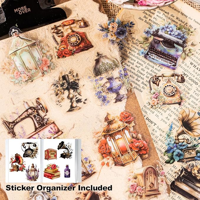 MiyouLuna 240Pcs PET Scrapbook Stickers Vintage Floral Designs for Scrapbooking DIY Crafts Waterproof Journaling Supplies Junk Journal Ephemera with Storage Organizer
