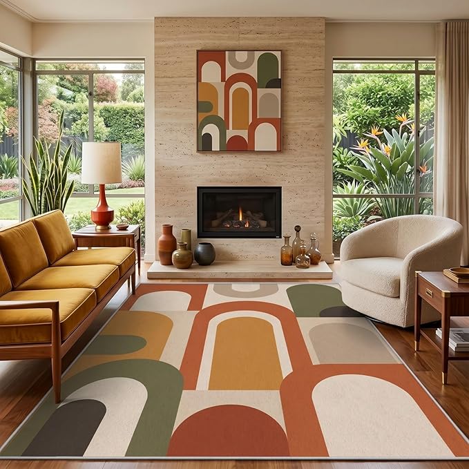 Mid Century Arch Area Rug 3x4, Terracotta Geometric Abstract Rug, Retro Modern Color Block Washable Low Pile Non Slip Rug for Living Room Bedroom