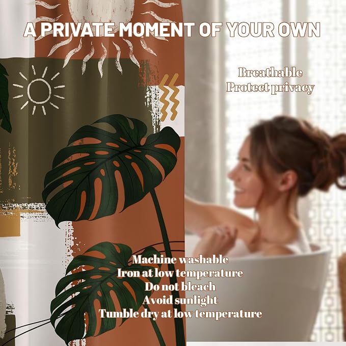 Mid Century Modern Shower Curtain Boho Abstract Tropical Leaf Shower Curtains for Bathroom Decor Sets, Waterproof Cloth Fabric with Hooks, 72x84 Inch
