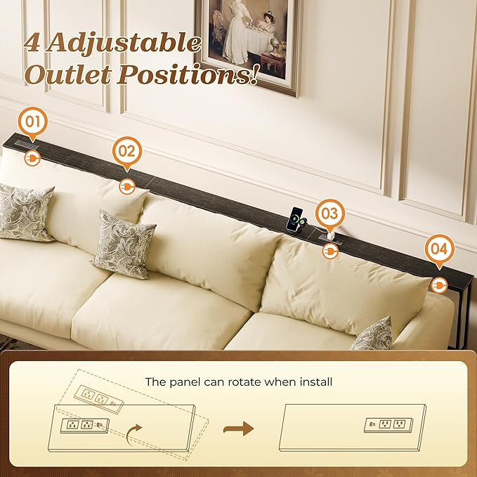 SUPERJARE 110.2 Inch Sofa Table with 2 Power Outlets and USB-C Port, 5.9 Inch Narrow Console Table with Storage, Extra-Long, for Entryway Hallway Couch Behind Sofa, Small Spaces, Black