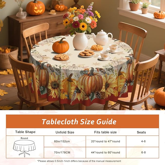 Eikione Sunflower Round Tablecloth 60In, Fall Tablecloth Waterproof and Reusable, Yellow Flower Rustic Floral Table Covers for Holiday Outdoor Decor