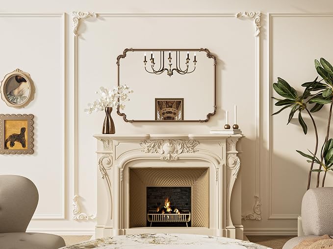 TETOTE Baroque Gold Antique Brass Scroll Wall Mirror 40 x 30 Vintage Rectangle Framed Baroque French Rectangular Mirror for Mantle Fireplace Bathroom Living Room, Horizontal/Vertical