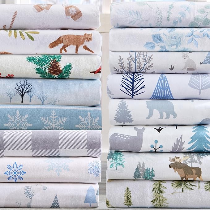 Market & Place 100% Cotton King Flannel Sheet Set | 4 Piece Deep Pocket Novelty Cozy Winter Bed Sheets | Double Brushed for Extra Softness & Comfort | Alpine Collection (King, Woodland Forest)