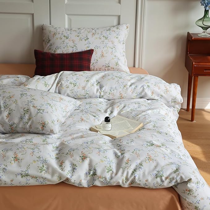 Vintage Style Garden Floral Duvet Cover Full 100% Cotton Aesthetic Floral Pattern Bedding Set Full Boho Flower Botanical Comforter Cover with 2 Pillowcases Cottagecore Bedding Cover for Girls Women