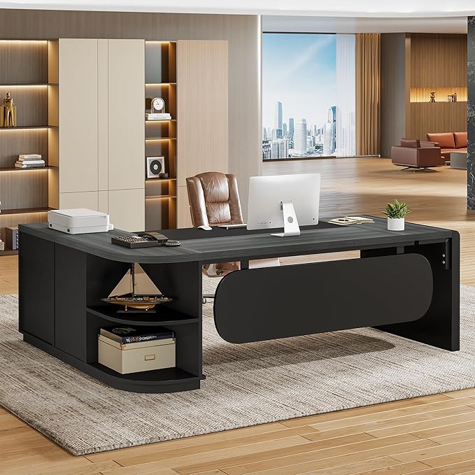 Tribesigns 80'' L-Shaped Desk, Large Executive Office Desk with 55'' Drawers Cabinet, Modern Commercial Office Table with Storage Shelves, Business Furniture for Home Office, Grey & Black