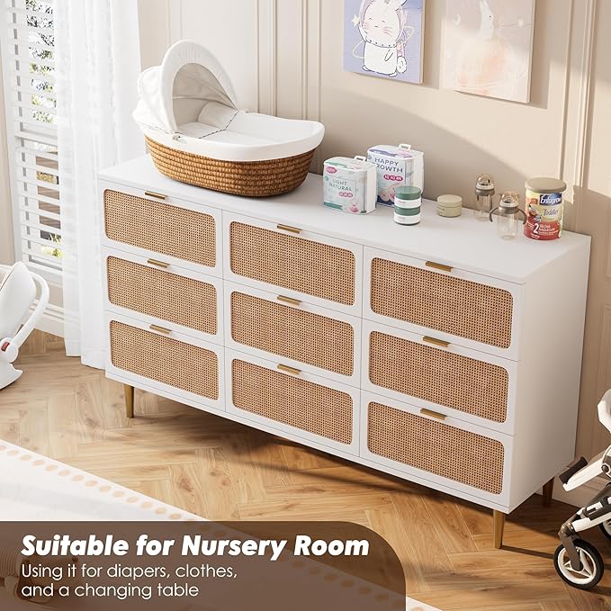 Garvee Rattan Dresser with 9 Drawers, Tall Modern Closet with Deep Storage, Large Chest of Drawers with Wide Top, Long Wooden Dresser for Bedroom, Living Room, Hallway, Kids Room, White