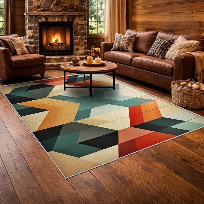 Mid Century Modern Area Rug 6x7, Washable Non-Slip Low Pile Abstract Geometric Carpet for Living Room Bedroom Home Office, Retro Contemporary Accent Rug in Teal Orange Cream Black