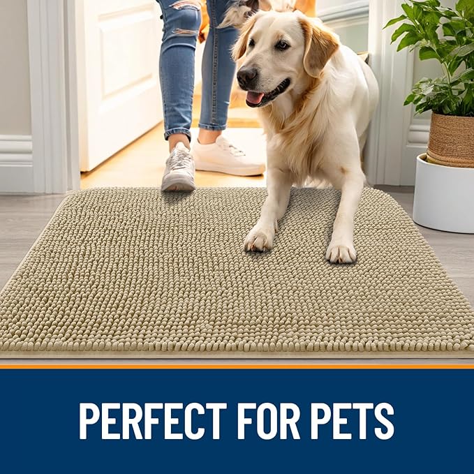 OLANLY Dog Door Mat for Muddy Paws 59x24, Absorbs Moisture and Dirt, Absorbent Non-Slip Washable Doormat, Quick Dry Chenille Mud Mat for Dogs, Entry Indoor Entryway Carpet for Inside Floor, Beige