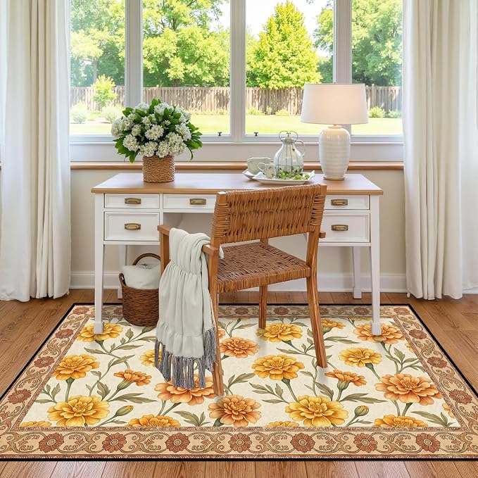 Marigold Floral Area Rug Vintage Boho Rug Bordered Non-Slip Washable Floor Mat for Bedroom Living Room Nursery Kitchen Playroom Home Decor,6'x9'