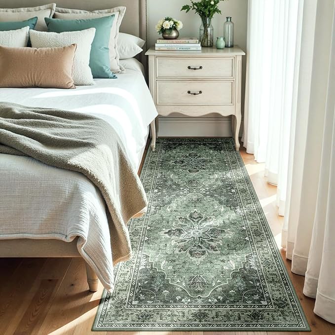 Area Rugs 3'x6' Runner Rug Non Slip Washable for Kitchen Hallway Bedroom Beside Laundry Room Bathroom Rug, Floor Carpet, Dark Green Gray