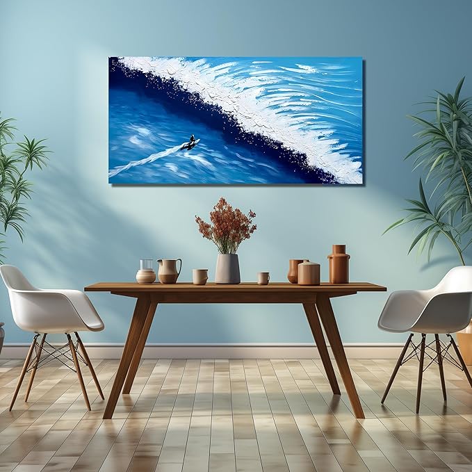 Blue Ocean Sea Wall Art for Dining Room Modern Painting Wall Art for Living Room Blue and White Wall Decor Teen Bedroom Size 24 x 47 Inch
