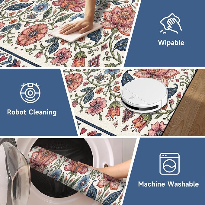 6'x9' Boho Floral Area Rug Vintage Colorful Botanical Carpet Non-Slip Washable Rugs for Bedroom Living Room Nursery Kitchen Playroom Home Decor