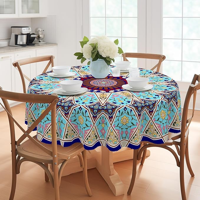 Eikione Boho Round Tablecloth 70inch, Tablecloth Waterproof and Wrinkle-Free, Boho Table Covers, Summer Decorations for Home