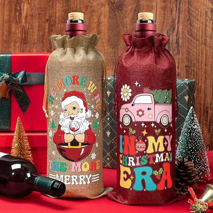 Aoonby 24PCS Burlap Wine Bags Christmas Wines Gift Bag, Drawstring Retro Christmas Bottle Cover Gift Bag w/Tag, Reusable Wines Bags for Bottles Gifts Wine Bottle Covers for Xmas Holiday Party Decor