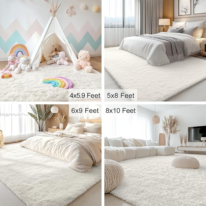 OLANLY 7x12 Machine Washable Large Area Rugs for Living Room, Bedroom, Soft Fluffy Shaggy Bedside Rug, Indoor Floor Carpet for Kids Girls and Boys, Dorms, Nursery, Home Decor Aesthetic, Ivory
